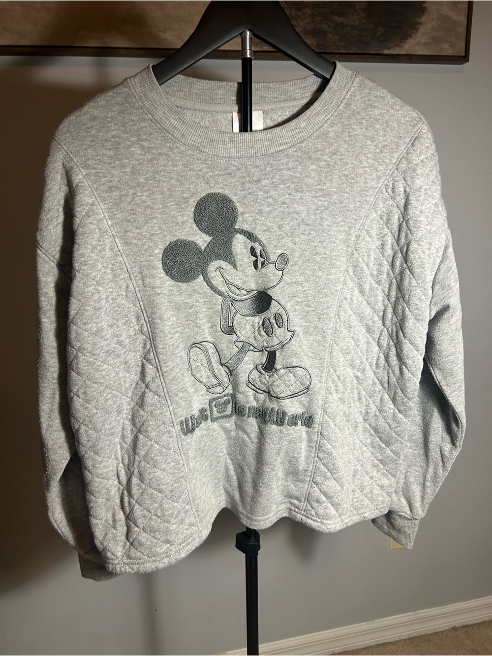 Disney Gray Quilted Mickey Mouse Crewneck Sweatshirt